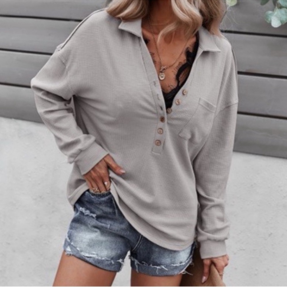 Grey Ribbed Collared Long Sleeve Top